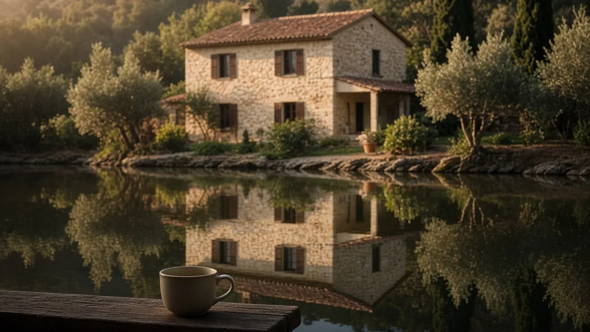 Casa de piedra al otro lado de un agua quieta, con su reflejo y una taza en primer plano.