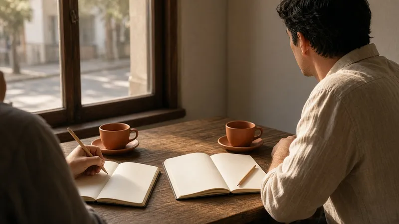 Mesa de madera junto a una ventana, con cuadernos en blanco, un lápiz y dos tazas de café; una mano sujeta el lápiz.