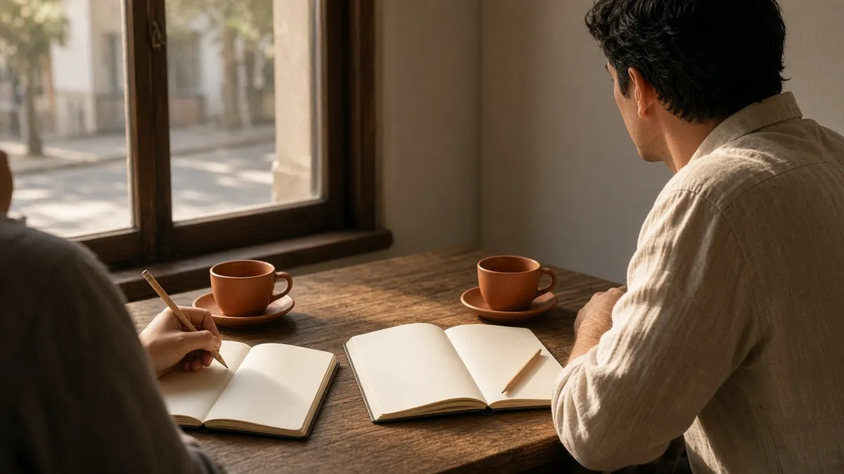 Mesa de madera junto a una ventana, con cuadernos en blanco, un lápiz y dos tazas de café; una mano sujeta el lápiz.