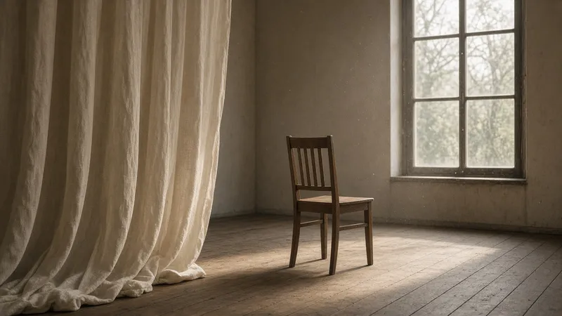 Cortina de lino entreabierta junto a una ventana; una silla de madera vacía frente a la luz.