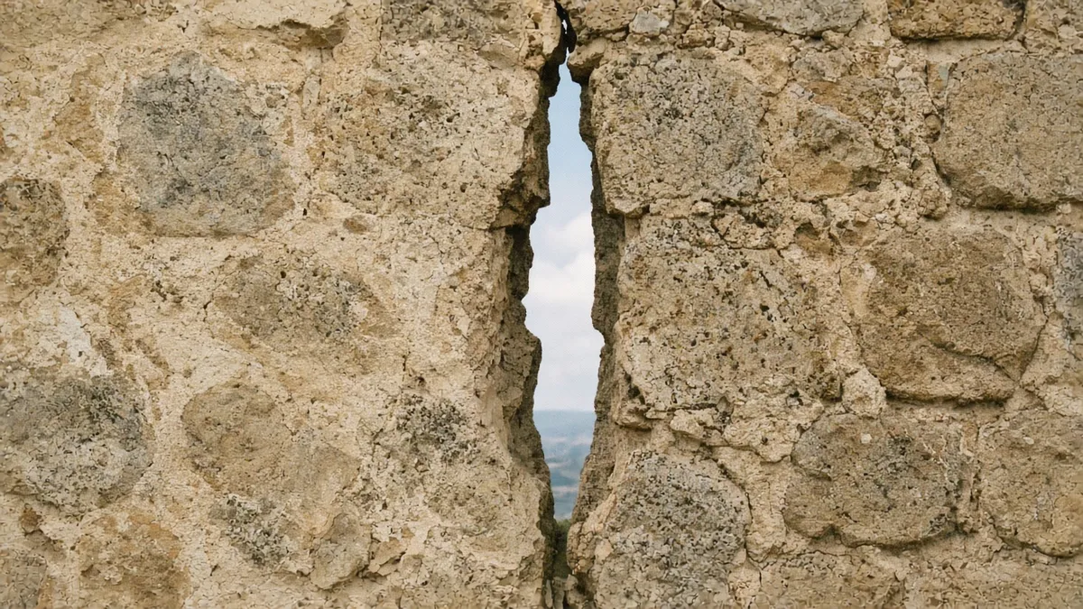 Muro de piedra con una grieta vertical por la que entra la luz del día.